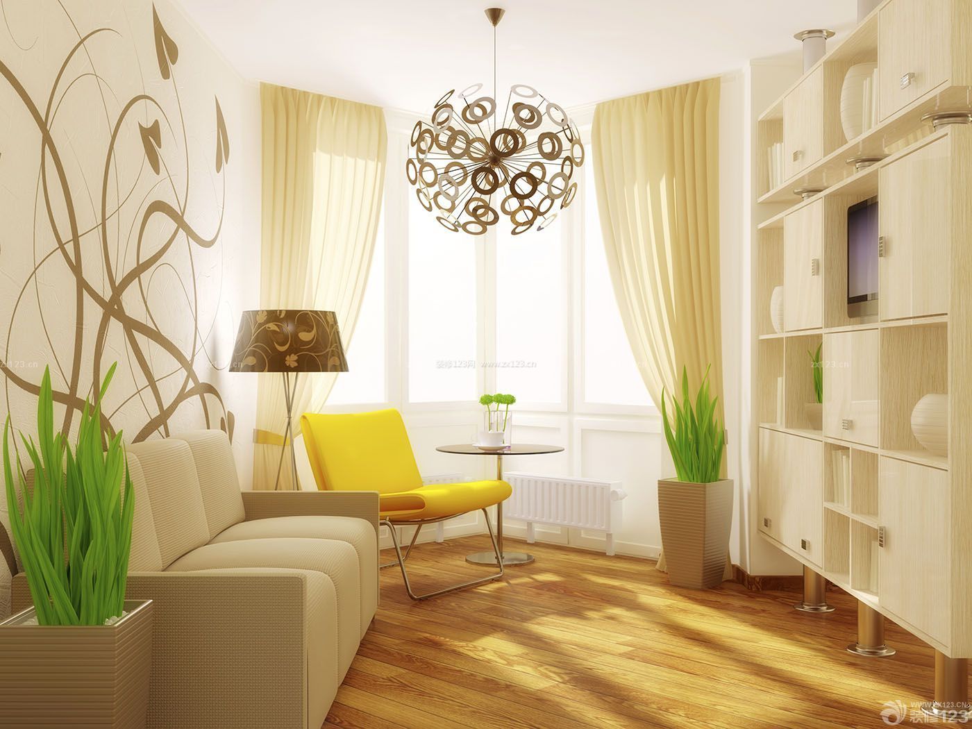 温馨60平米旧房改造黄色窗帘设计