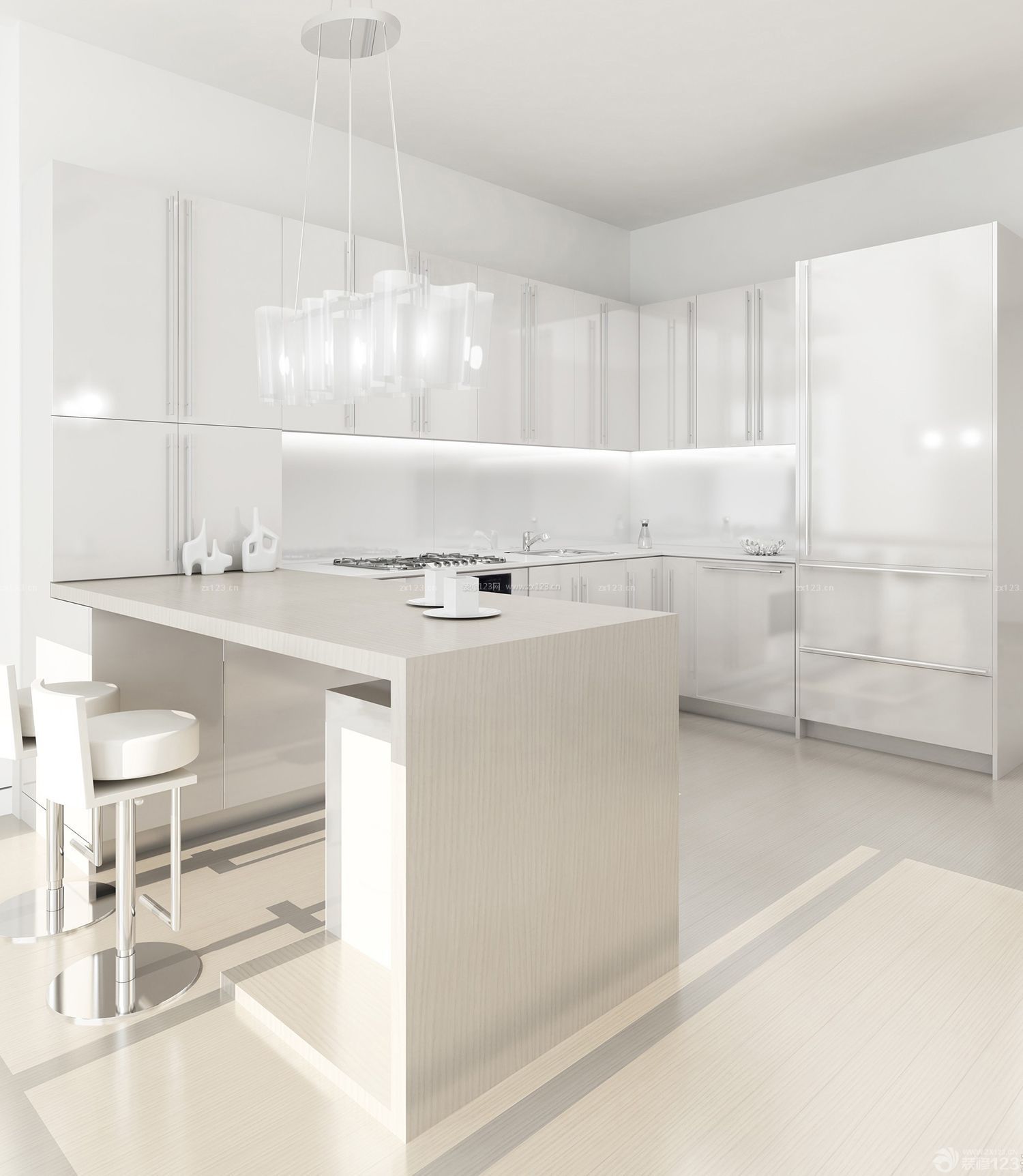 白色简约120平米开放式厨房吧台设计效果图