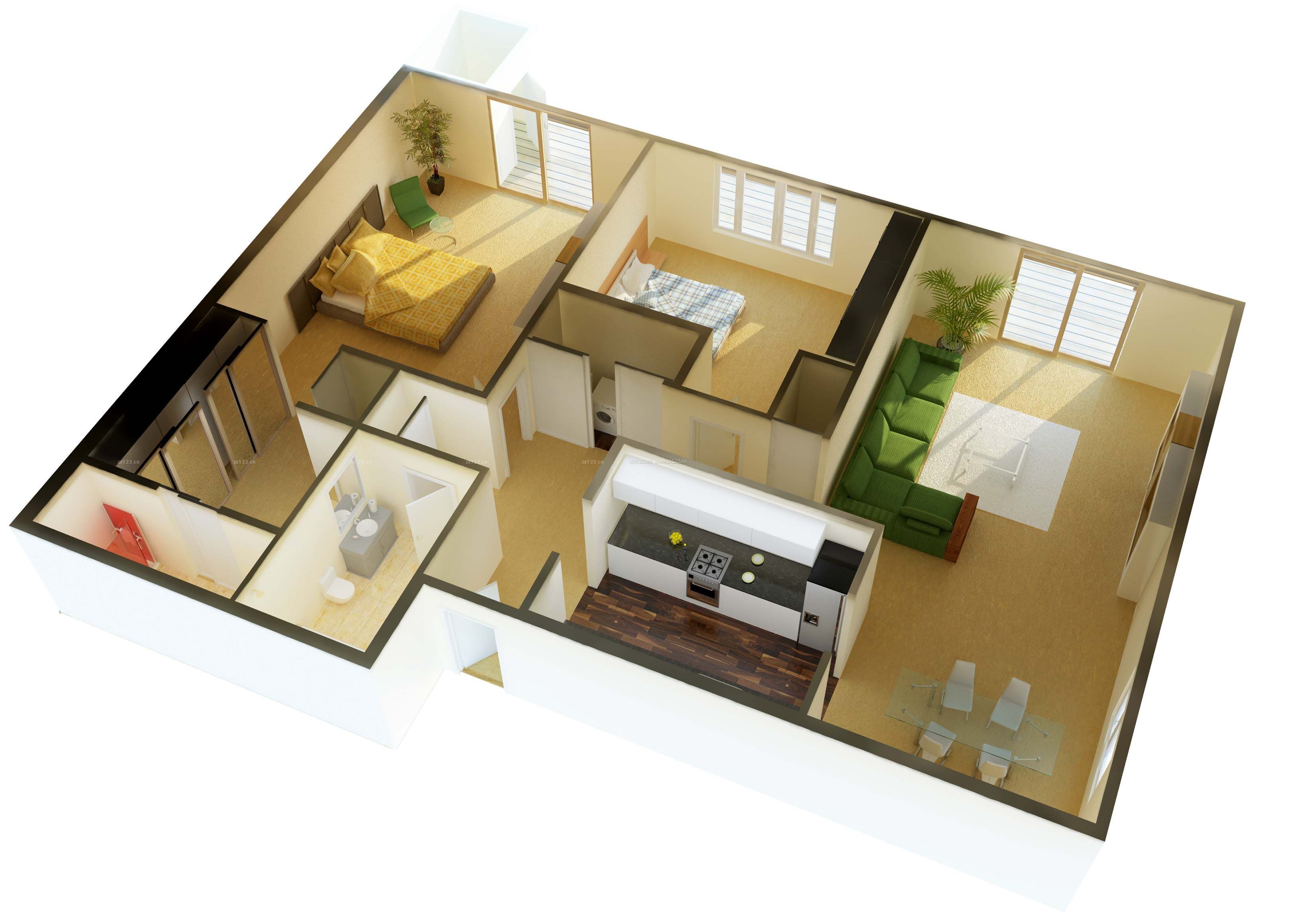 最新120平米农村小公寓别墅3d户型图欣赏