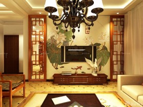 中式风格电视背景墙壁画装修图片