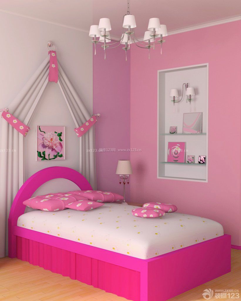 70平方米两室一厅儿童卧室粉色墙面装修效果图片