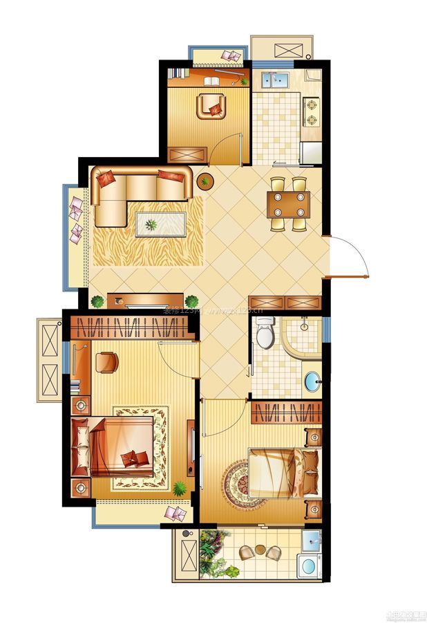 经典130平米两室两厅一卫别墅户型图