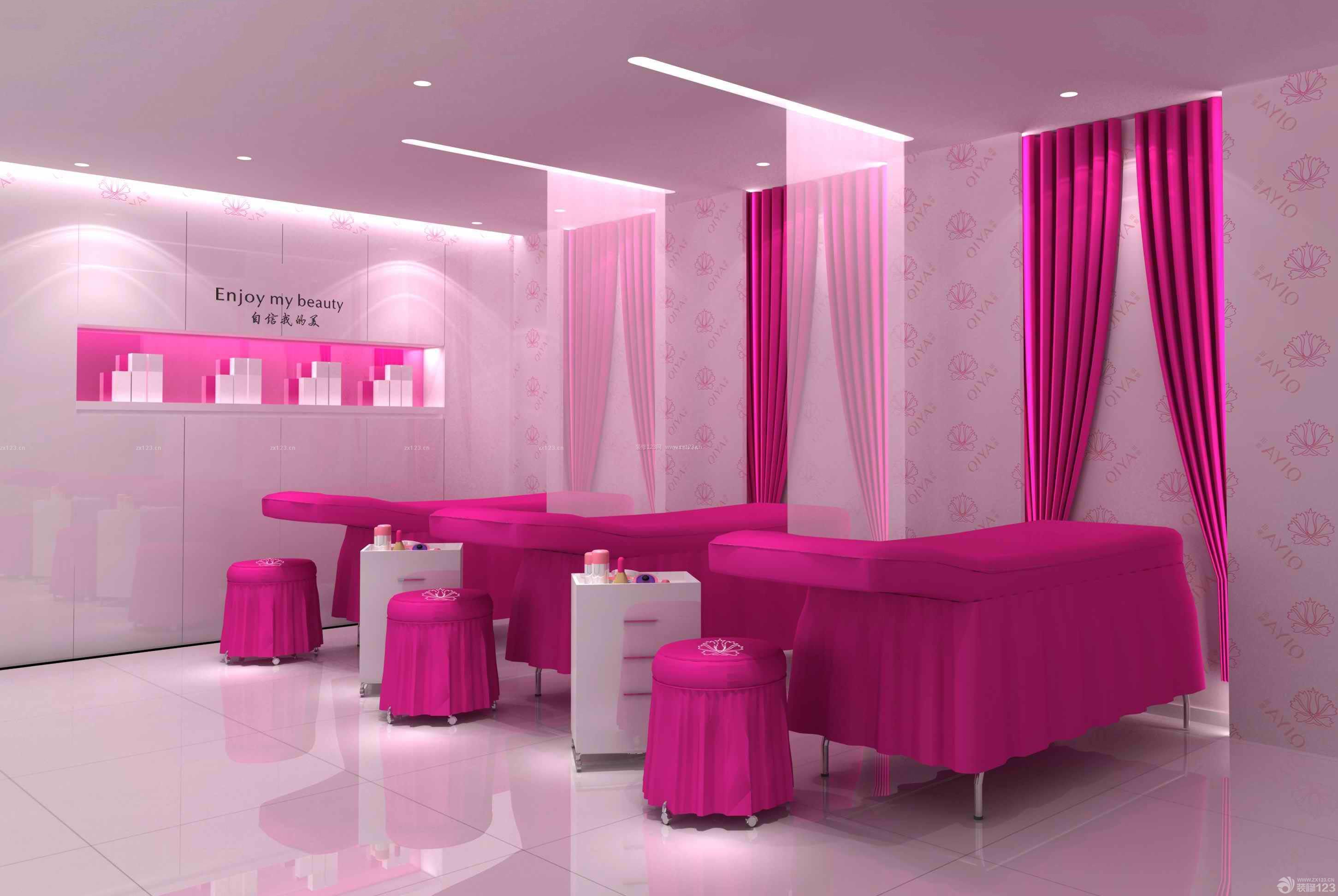 80平米美容院粉色窗帘装修设计效果图