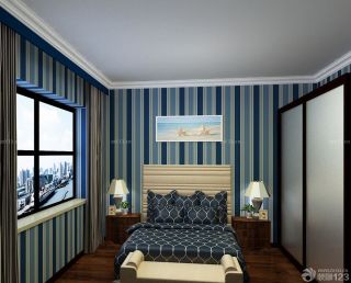 90平地中海风格家庭卧室条纹壁纸装修效果图片