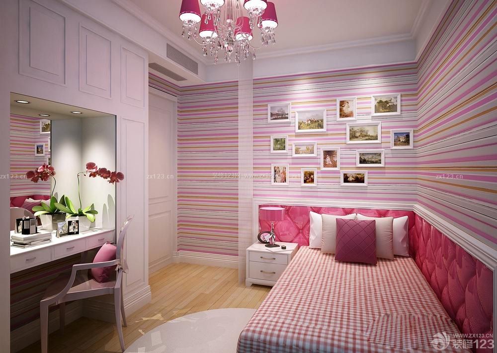 70平米小户型房屋卧室粉色条纹壁纸装修效果图片