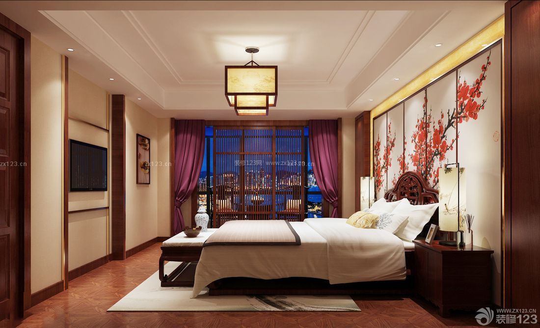 中式壁画卧室房屋装修效果图大全90