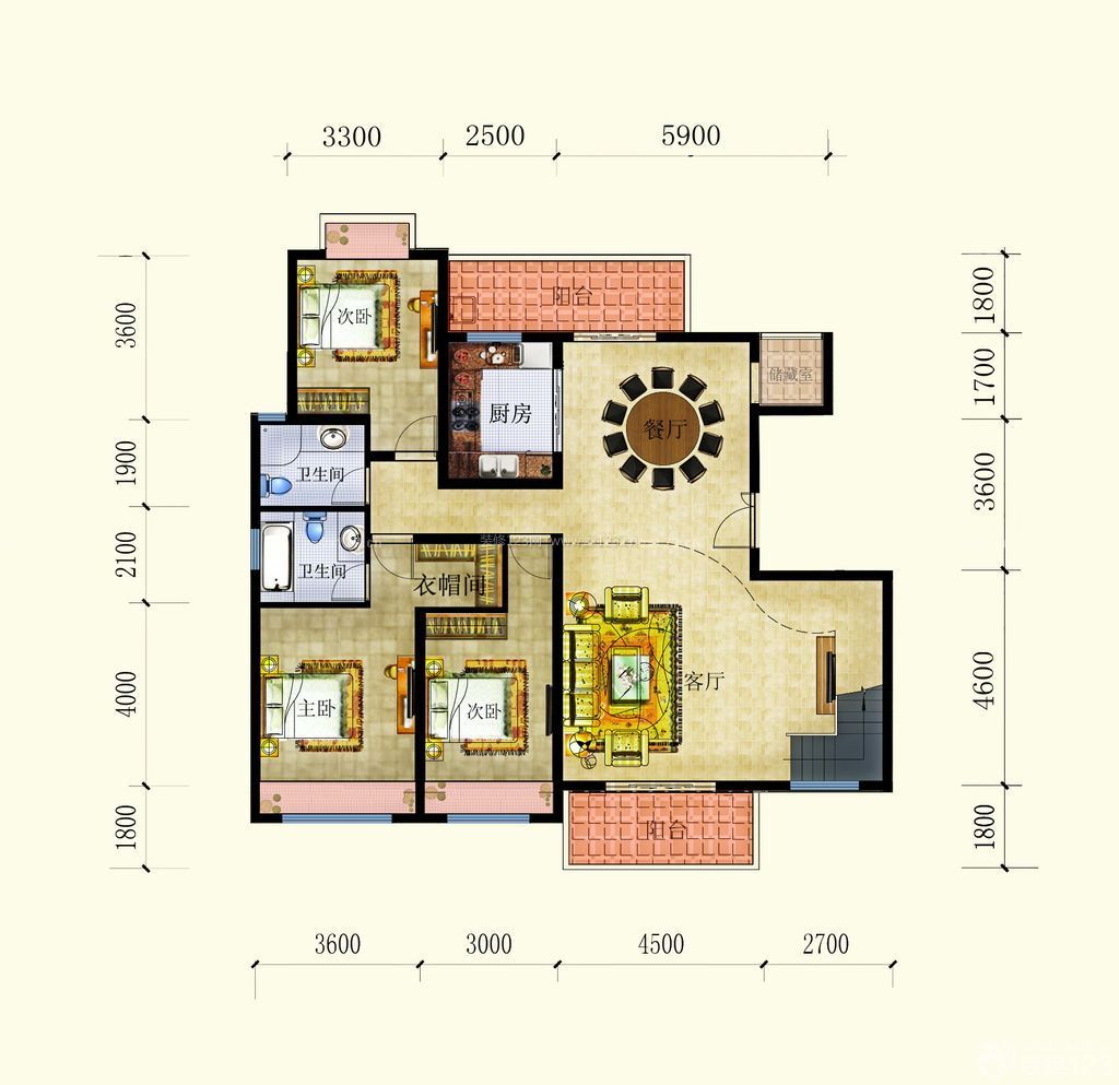 三室两厅两卫80平方米别墅户型图