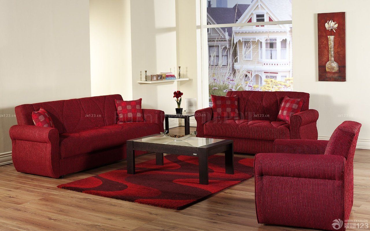 家庭室内客厅红色布艺沙发装修设计效果图片