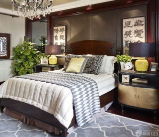 90平方家装中式卧室床头背景墙设计效果图