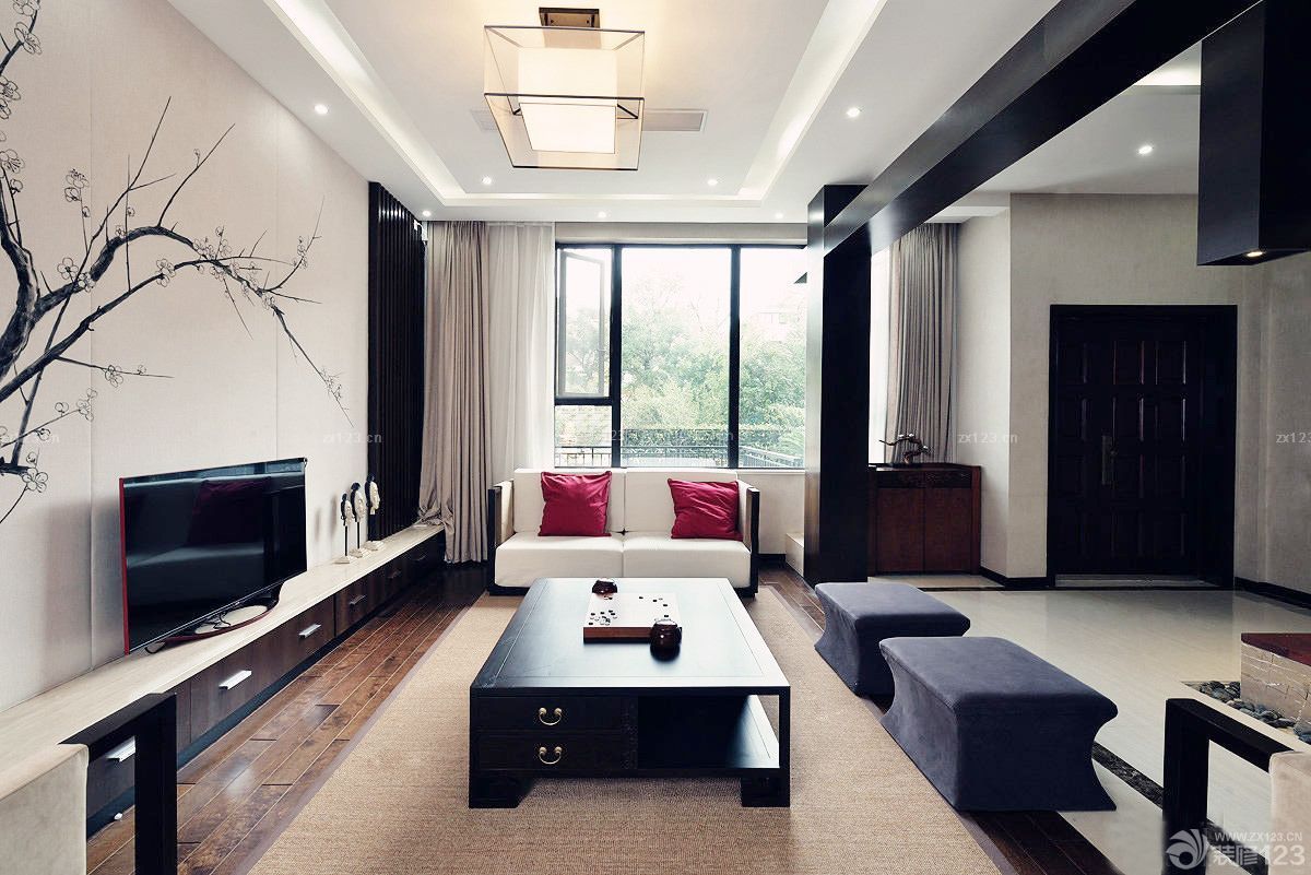 现代中式80平米房屋家具客厅装修设计效果图
