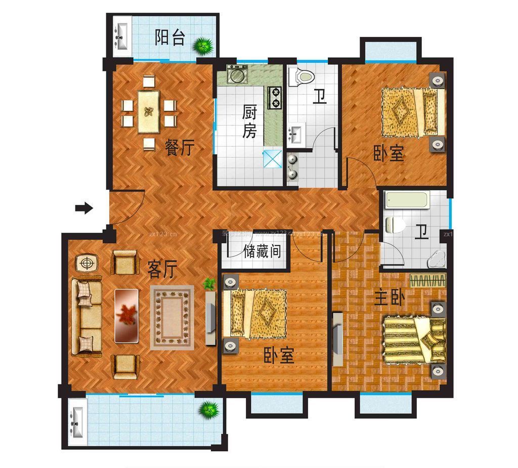 帶入戶花園三房兩廳戶型圖設計樣板