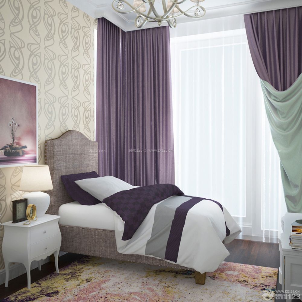 精美90平方三室一厅紫色窗帘效果图