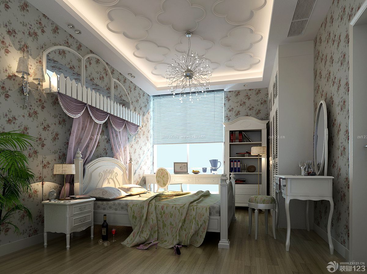 现代美式三房一厅卧室花朵壁纸设计图