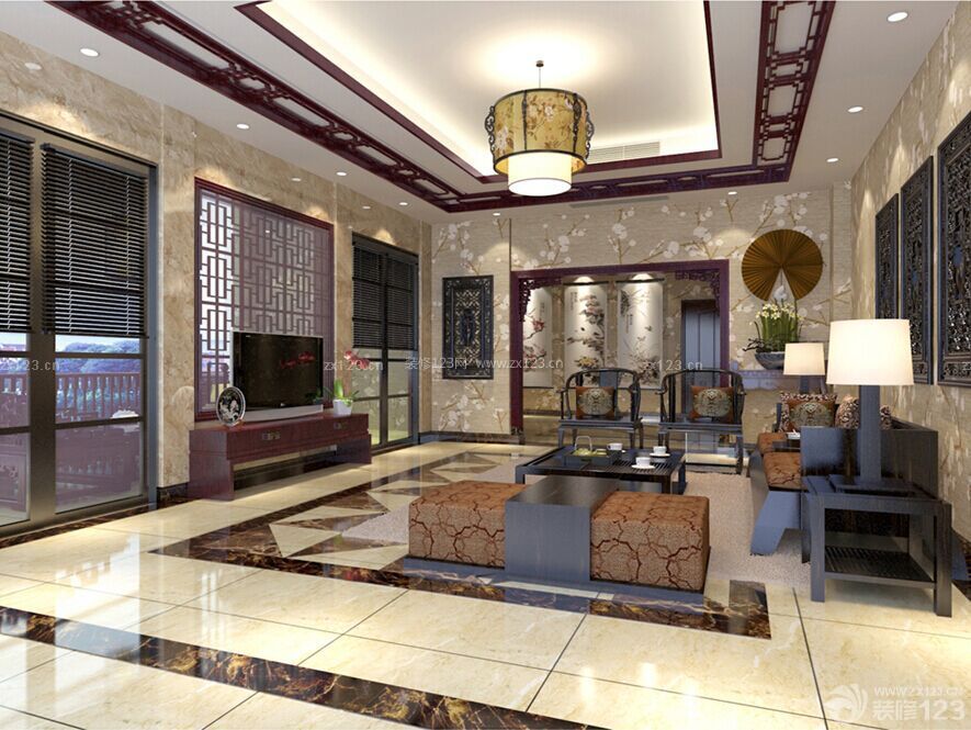 新中式别墅室内客厅设计效果图