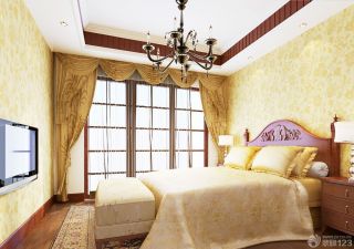 美式别墅建筑卧室黄色窗帘装修效果图片