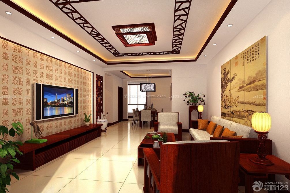 现代中式风格客厅电视背景墙装修效果图片