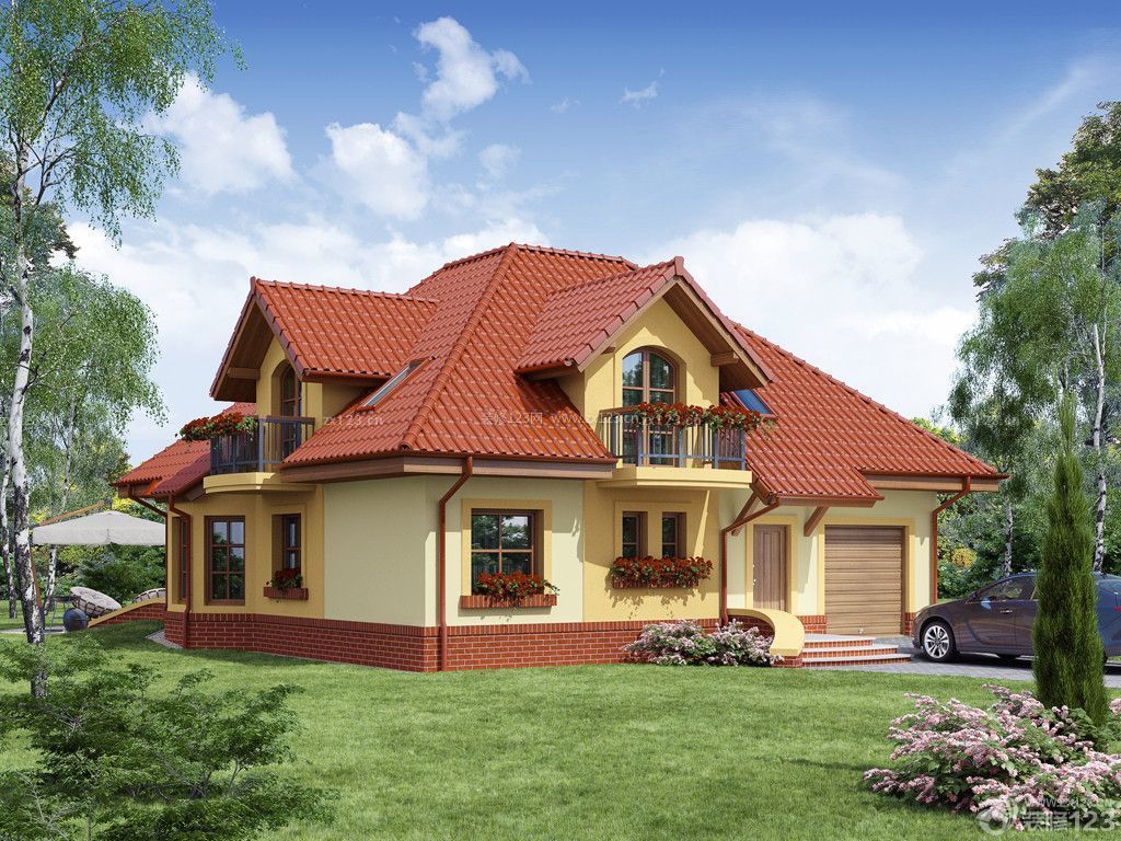 农村别墅一层半屋顶琉璃瓦设计效果图
