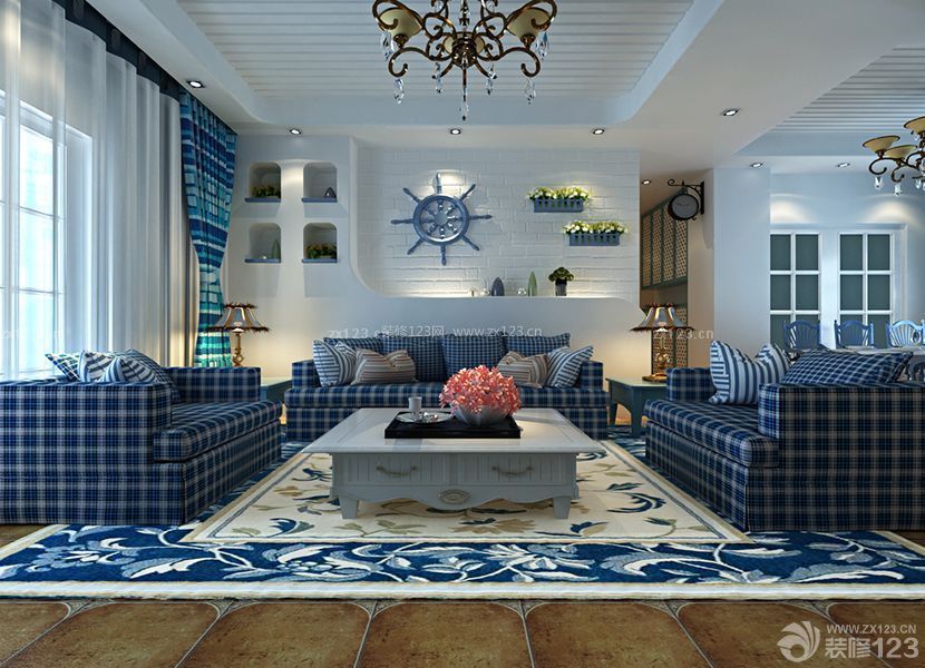 地中海客厅蓝色组合沙发装修效果图