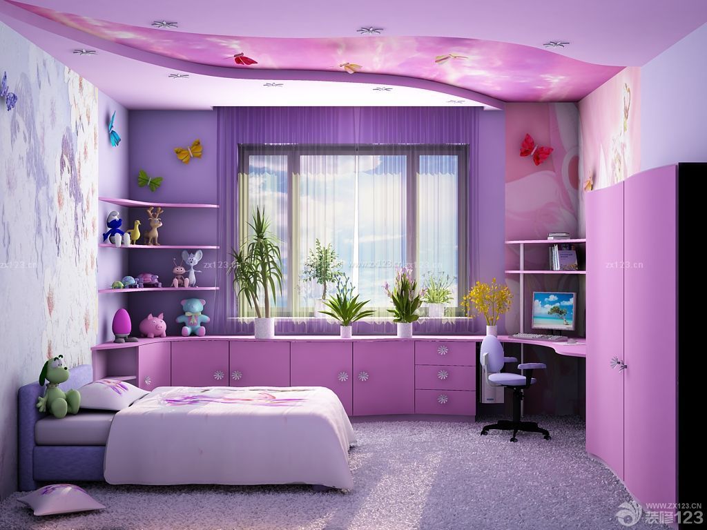 唯美小户型儿童房间紫色窗帘装修样板大全