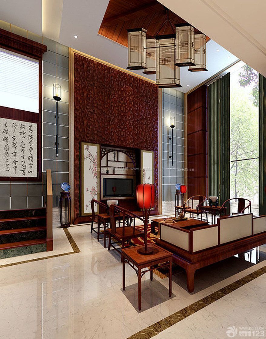 中式风格家庭小复式楼客厅装修样板间