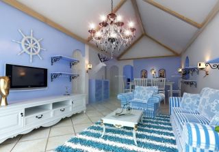 时尚地中海客厅蓝色墙面装修效果图