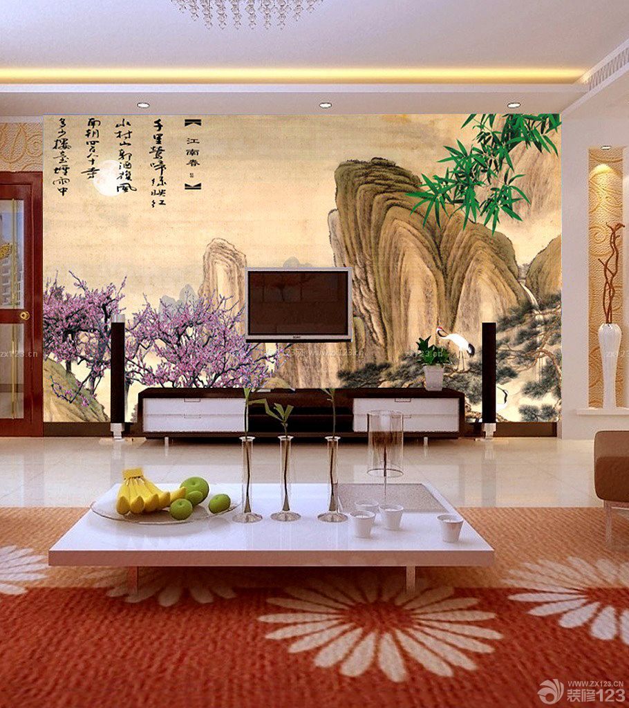 中式壁画电视背景墙装修效果图三室两厅100