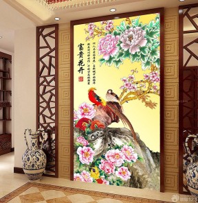 中式走廊玄关装修效果图 壁画背景墙