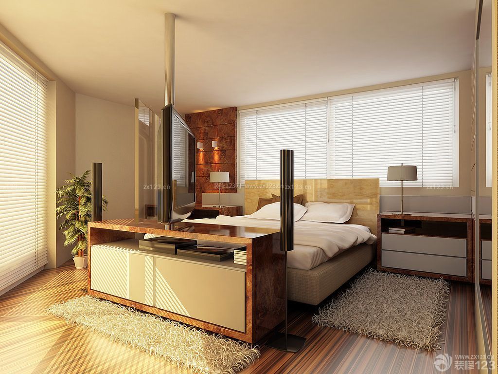 现代中式卧室半截百叶窗帘装修效果图