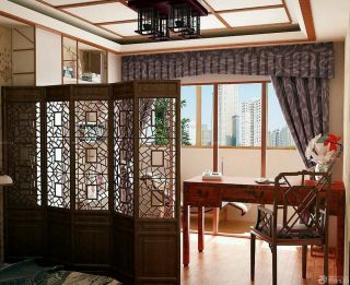 中式卧室兼书房半截窗帘装修效果图