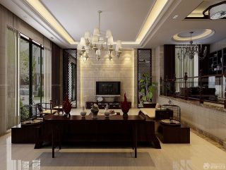 中式豪华别墅客厅瓷砖背景墙效果图