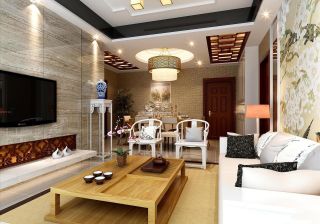 中式小户型室内客厅瓷砖背景墙效果图