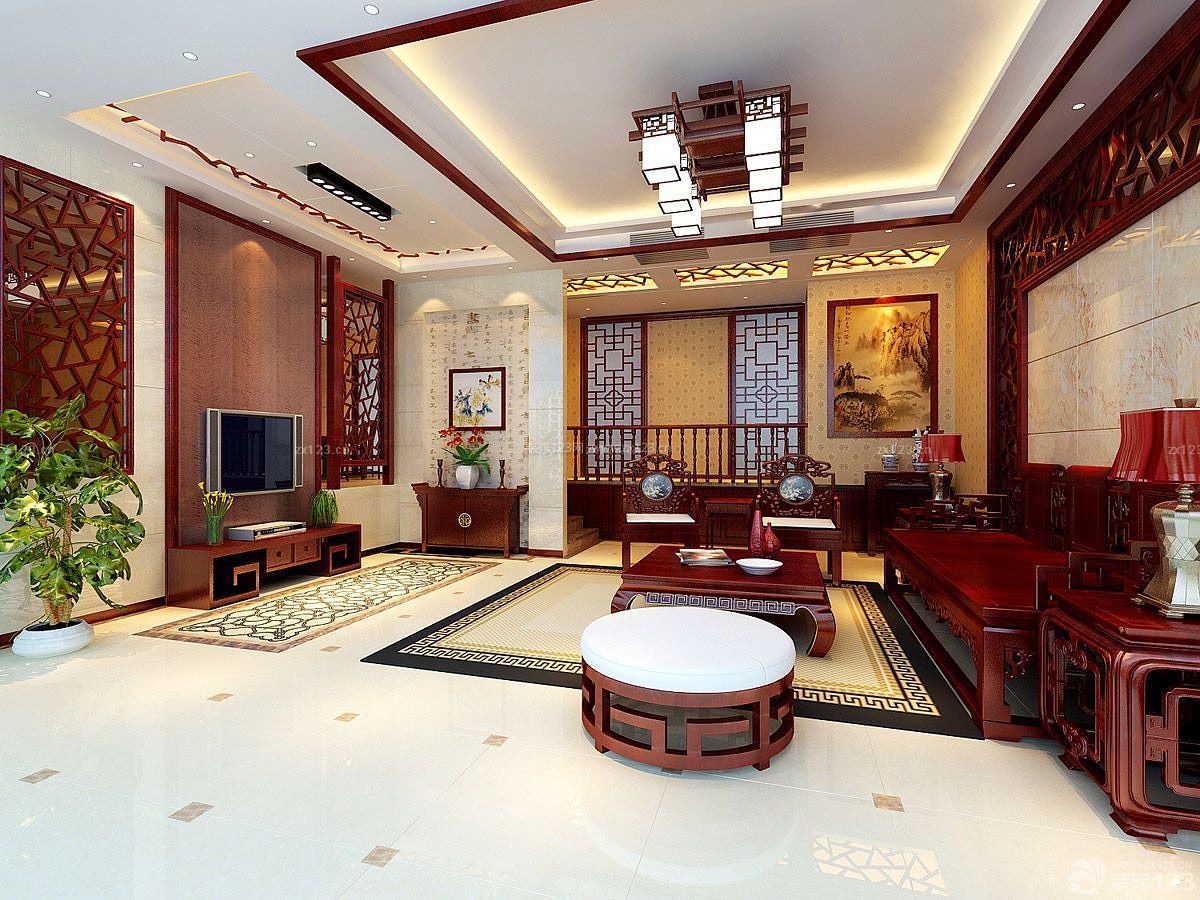 新中式家庭客厅刻花装饰设计图片