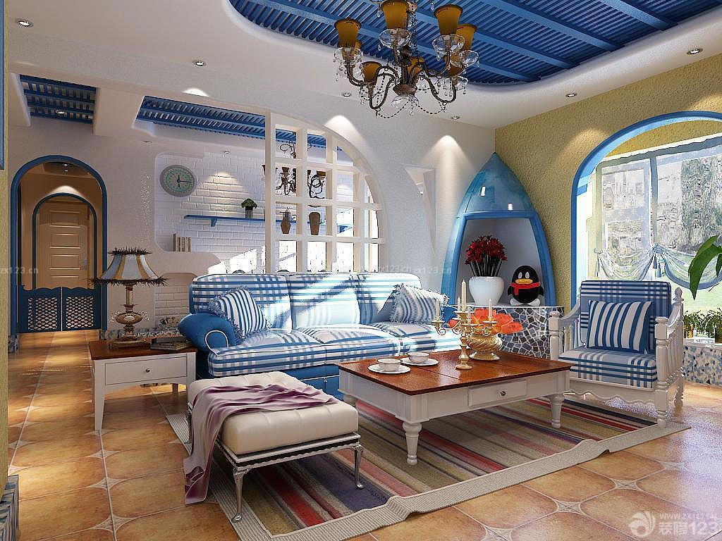 地中海风格客厅硅藻泥背景墙装修效果图片