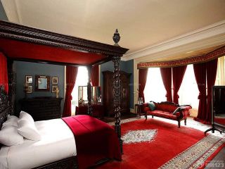混搭风格卧室红色布窗帘装修效果图片