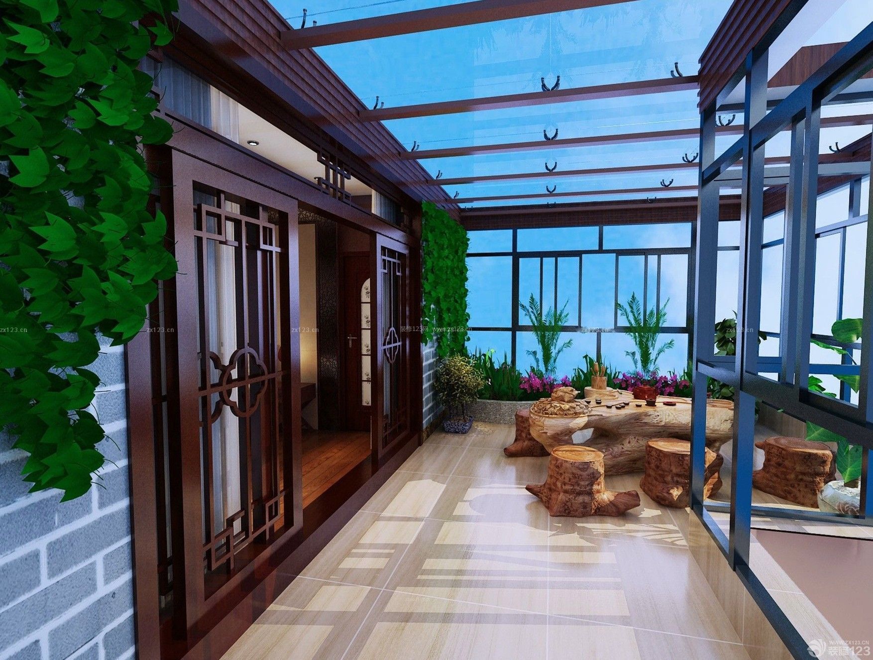 中式家装大阳台休闲区装修效果图