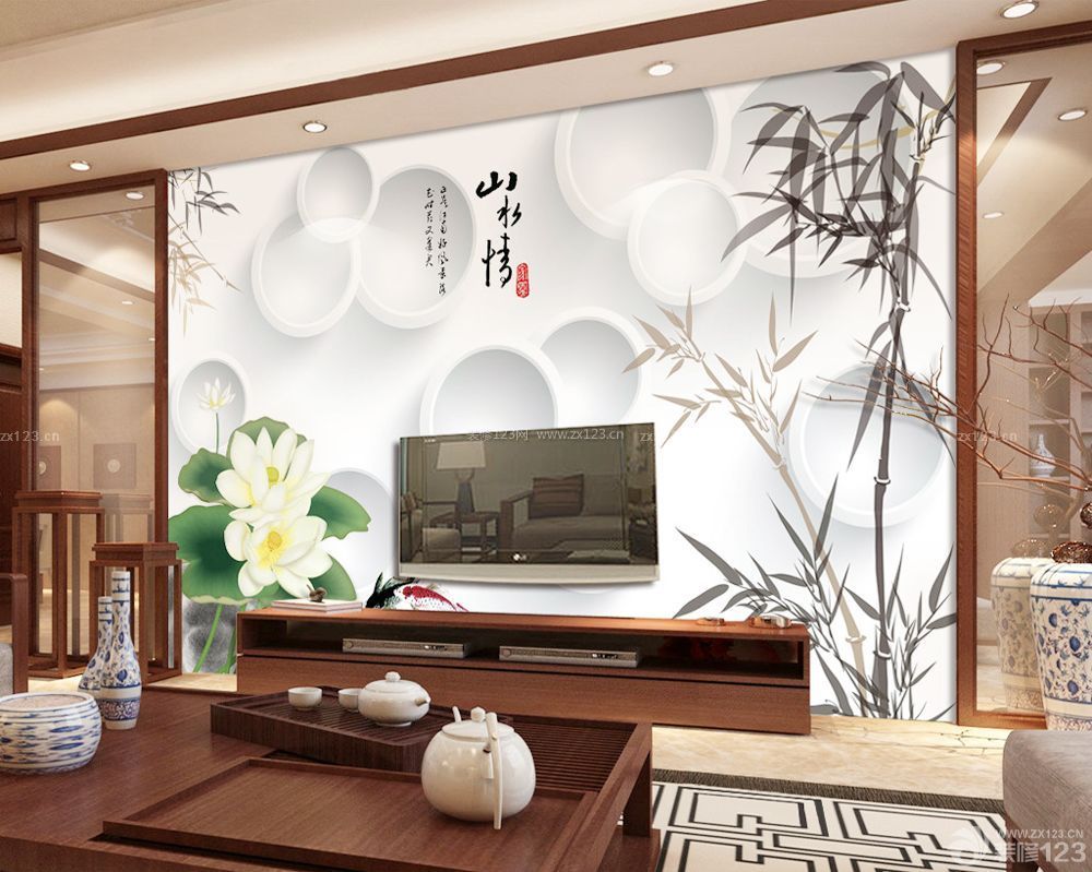 中式风格客厅电视背景墙壁画装修图片