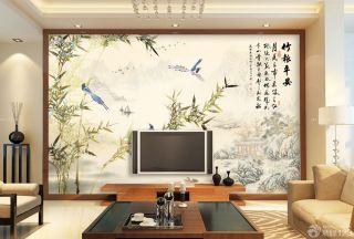 简约中式装修客厅电视背景墙壁画效果图