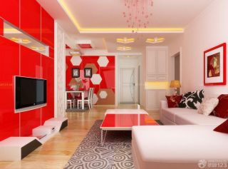 婚房客厅布置红色墙面装修效果图片