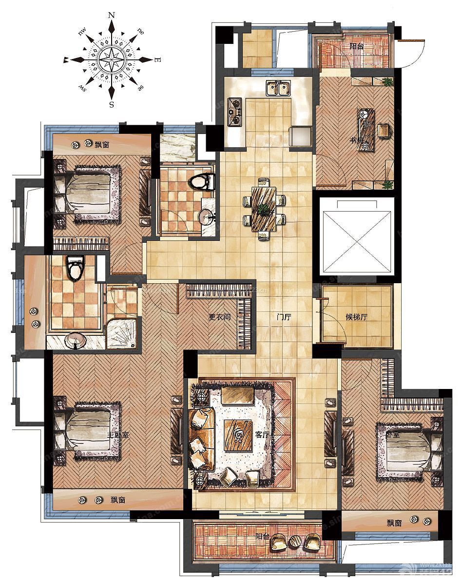 100平米美式家庭户型室内设计平面图