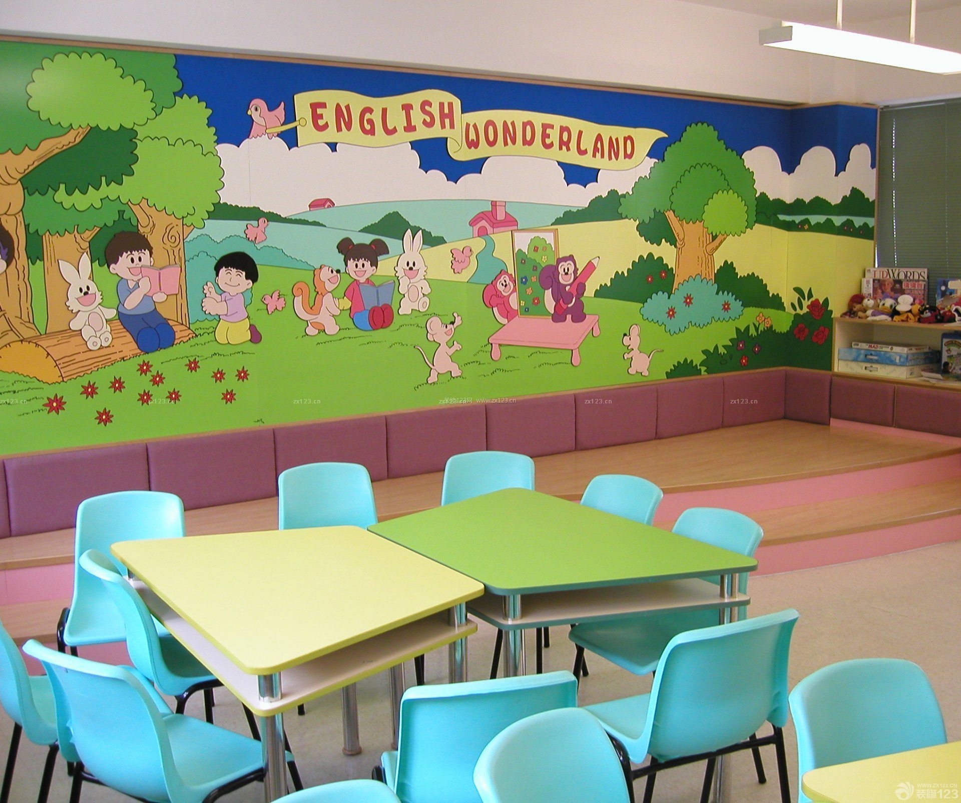 松江学校室内背景墙画装修效果图片