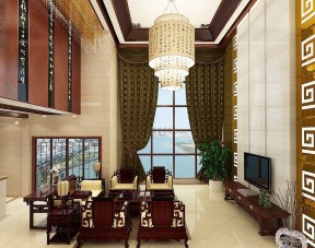 中式家装效果图客厅 布艺窗帘装修效果图片