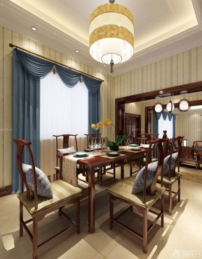新中式餐厅装修效果图 蓝色窗帘装修效果图片