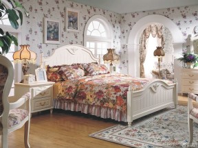 美式少女卧室花朵壁纸装修效果图片