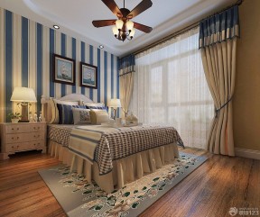 美式混搭风格蓝色卧室床的摆放装修效果图