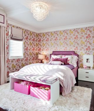 女孩子卧室花朵壁纸装修效果图片