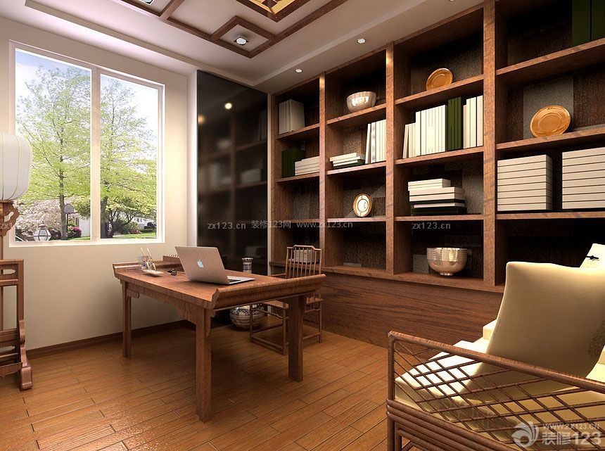 中式书房实木书柜装修效果图片
