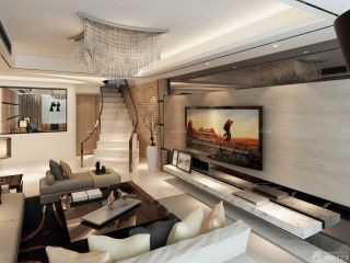跃层式住宅现代简约电视背景墙效果图欣赏