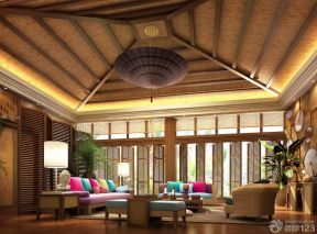 东南亚客厅木质吊顶设计效果图