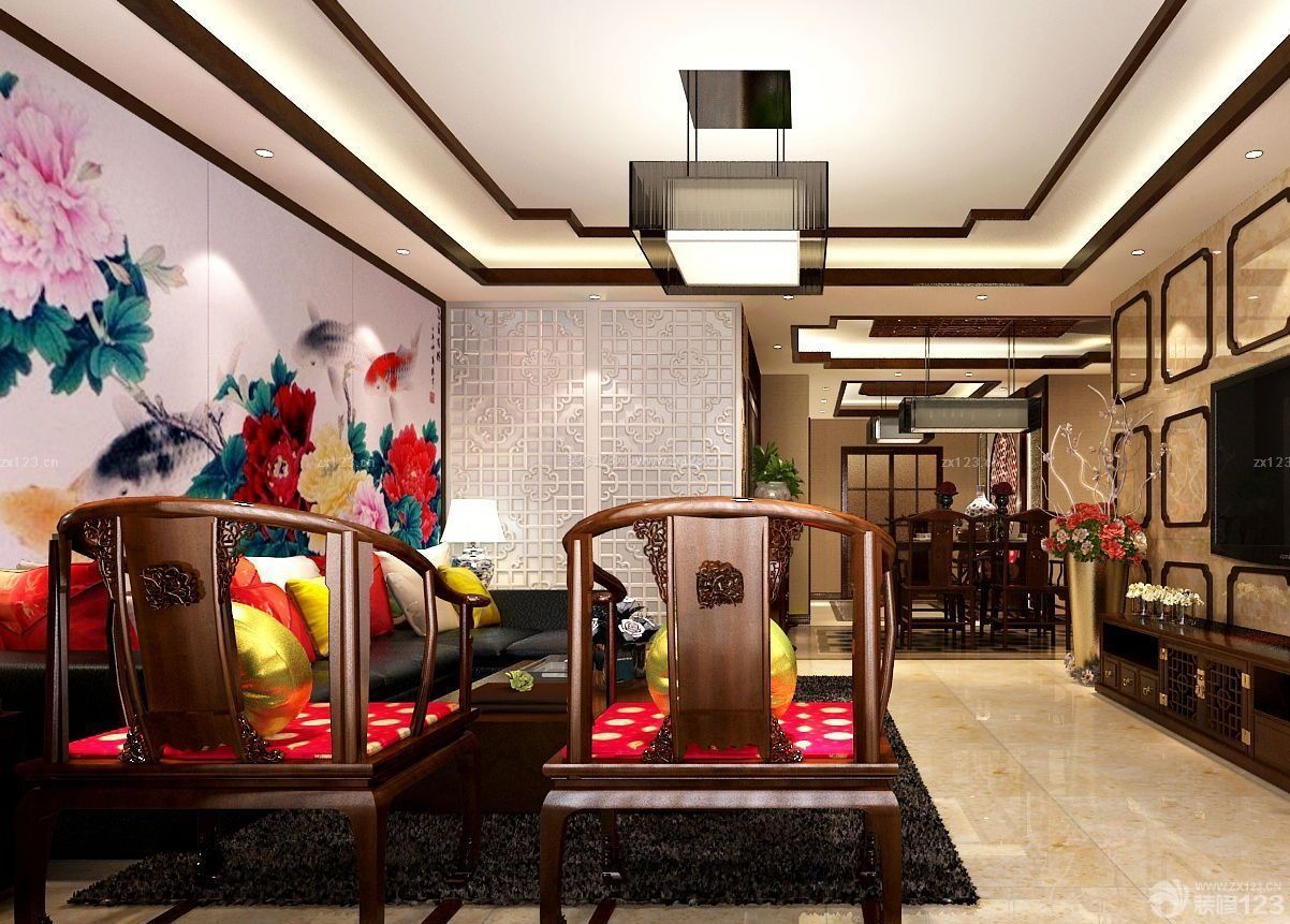 中式客厅手绘墙设计效果图片