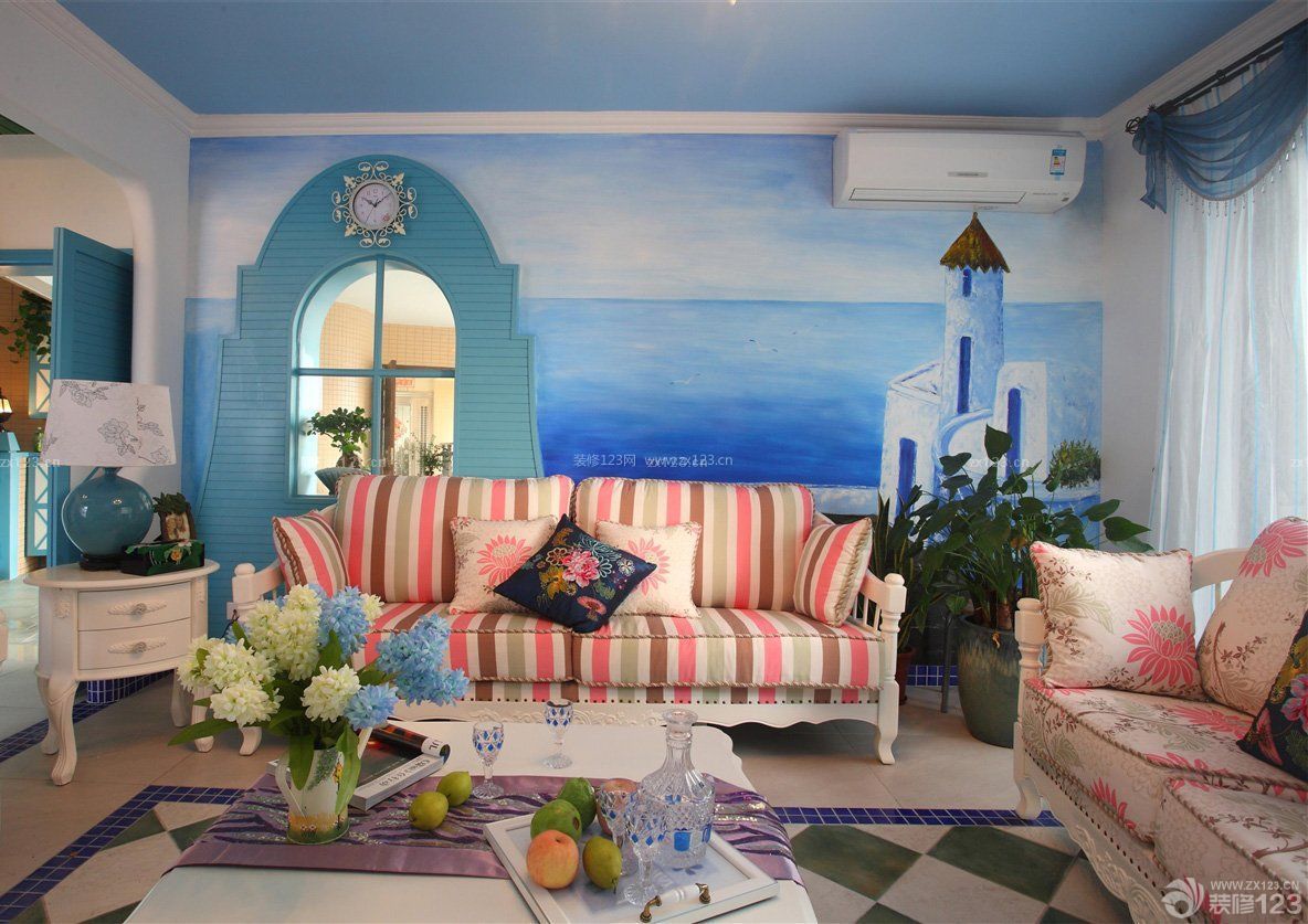 田园地中海风格客厅手绘墙设计图